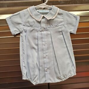 Vintage Feltman Brothers Baby Blue Train Car Creeper Bubble Romper Size 3M